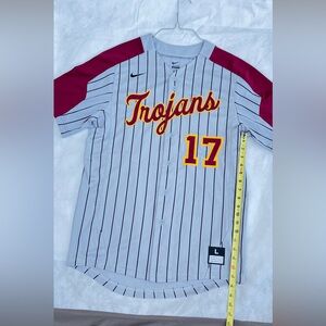 Trojans men’s Nike red/gray full button pinstripe Athletic jersey size L v-neck